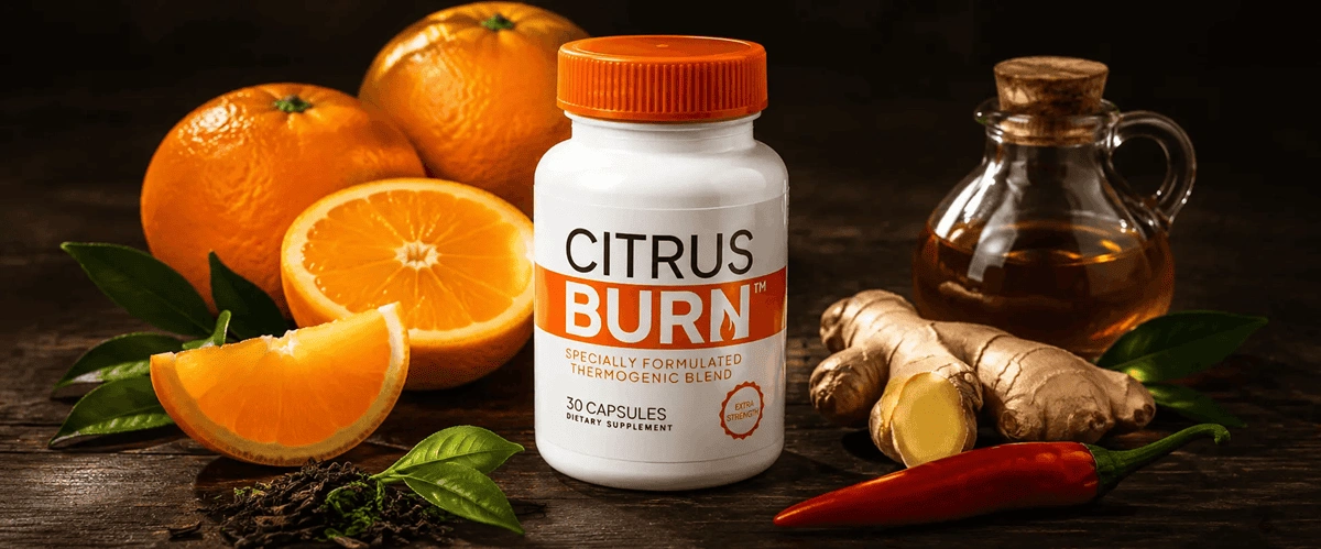 CitrusBurn official product flat lay with Seville oranges, ginger, green tea leaves and ingredients