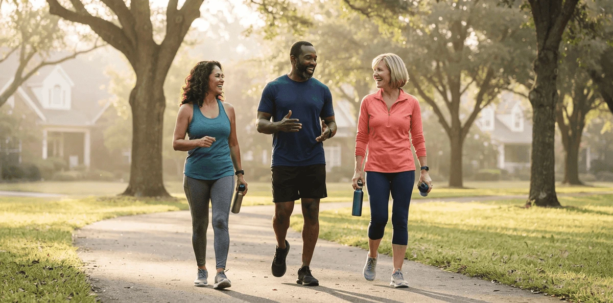 Real American adults in their 40s walking in suburban neighborhood — healthy and active lifestyle
