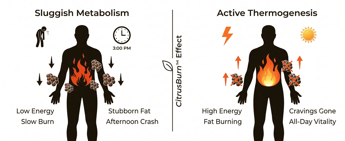 Sluggish metabolism vs Active thermogenesis — CitrusBurn effect comparison infographic
