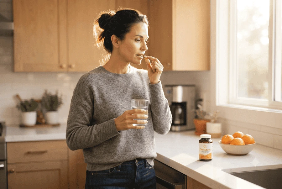 Woman taking CitrusBurn supplement in morning kitchen routine