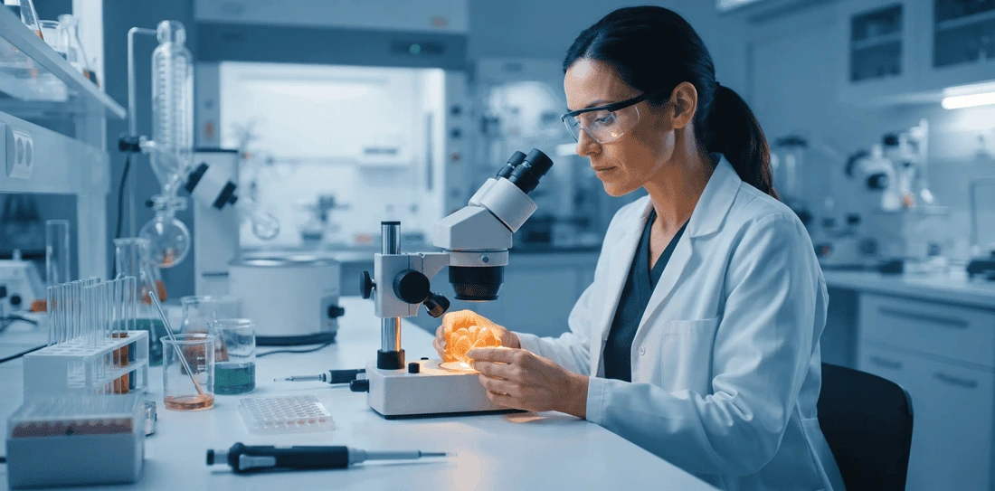 Scientist examining Seville orange peel under microscope — p-synephrine research lab