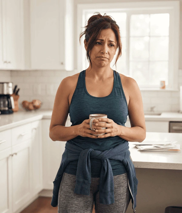 Frustrated woman over 35 in workout clothes holding coffee — relatable weight loss struggle
