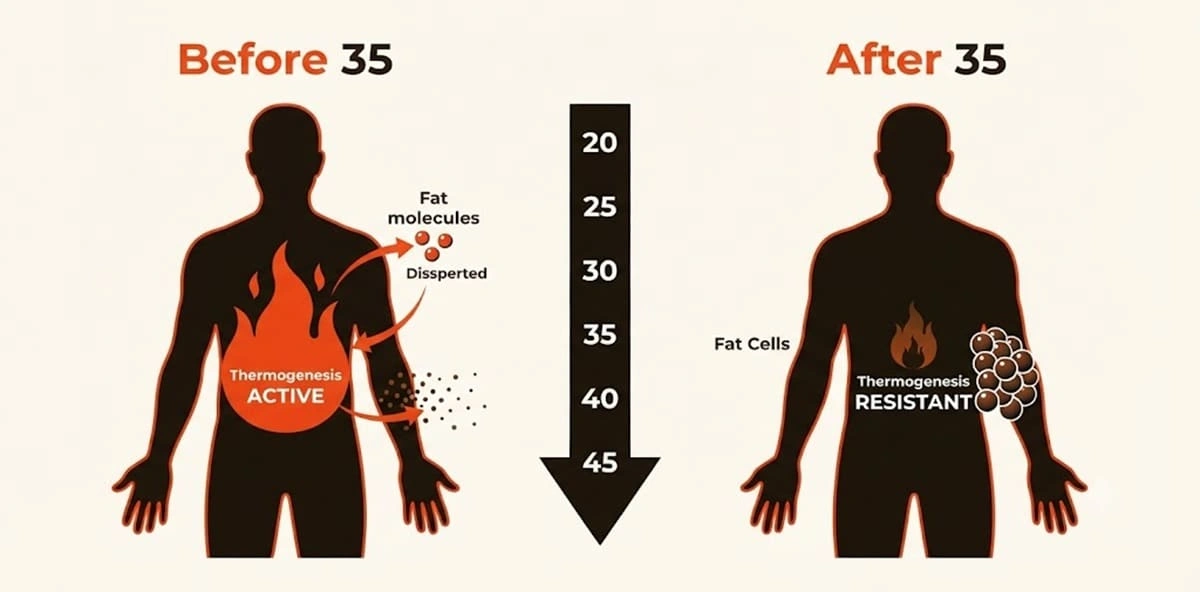 Thermogenic resistance explained — Before 35 thermogenesis active vs After 35 thermogenesis resistant